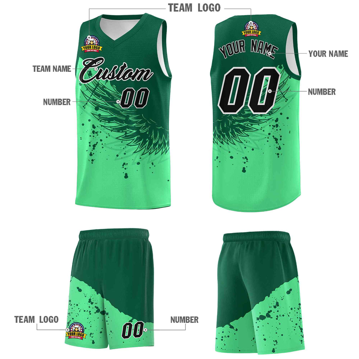 Custom Green Kelly Green Wing Pattern Sports Uniform Basketball Jersey| KXKSHOP