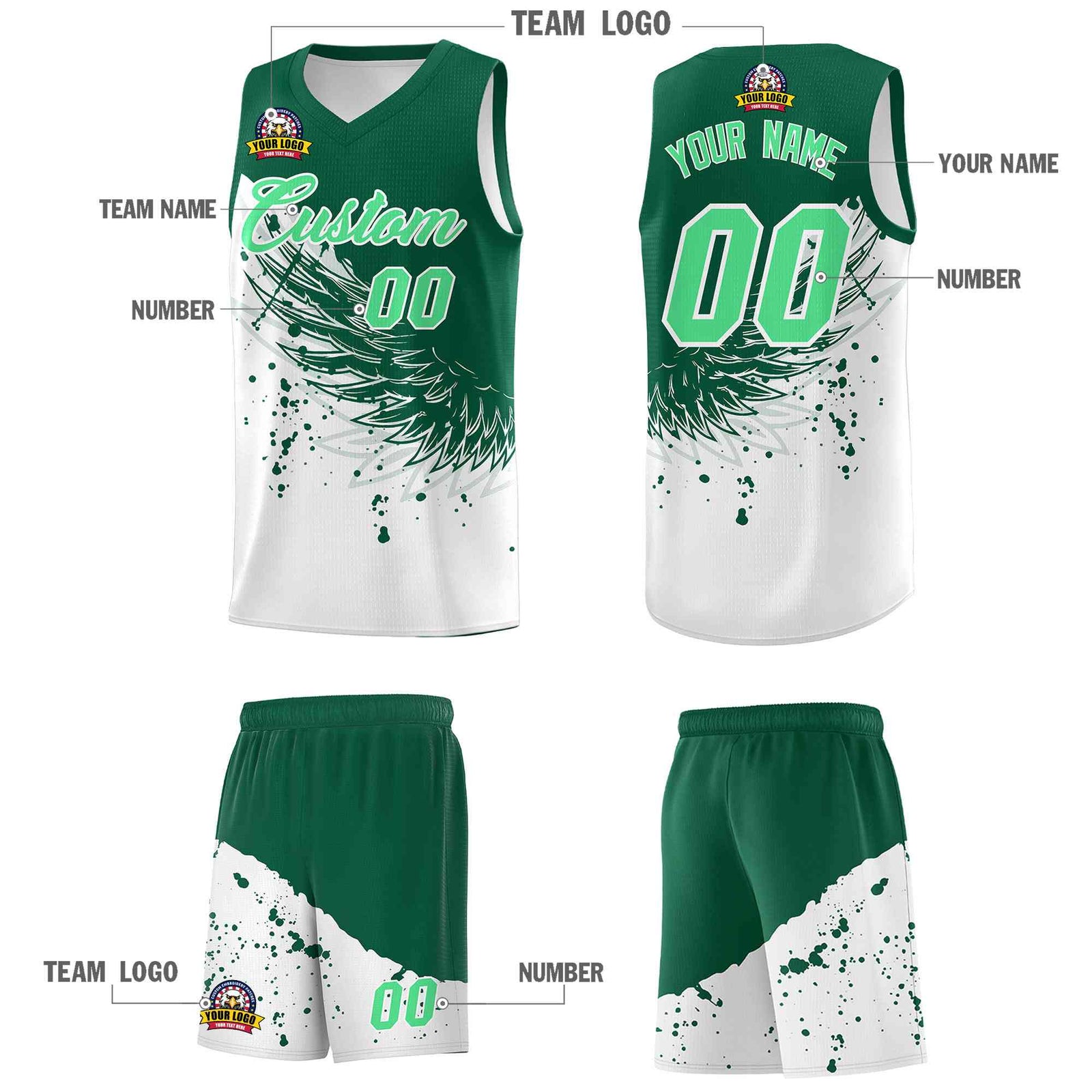 Custom White Kelly Green Wing Pattern Sports Uniform Basketball Jersey| KXKSHOP
