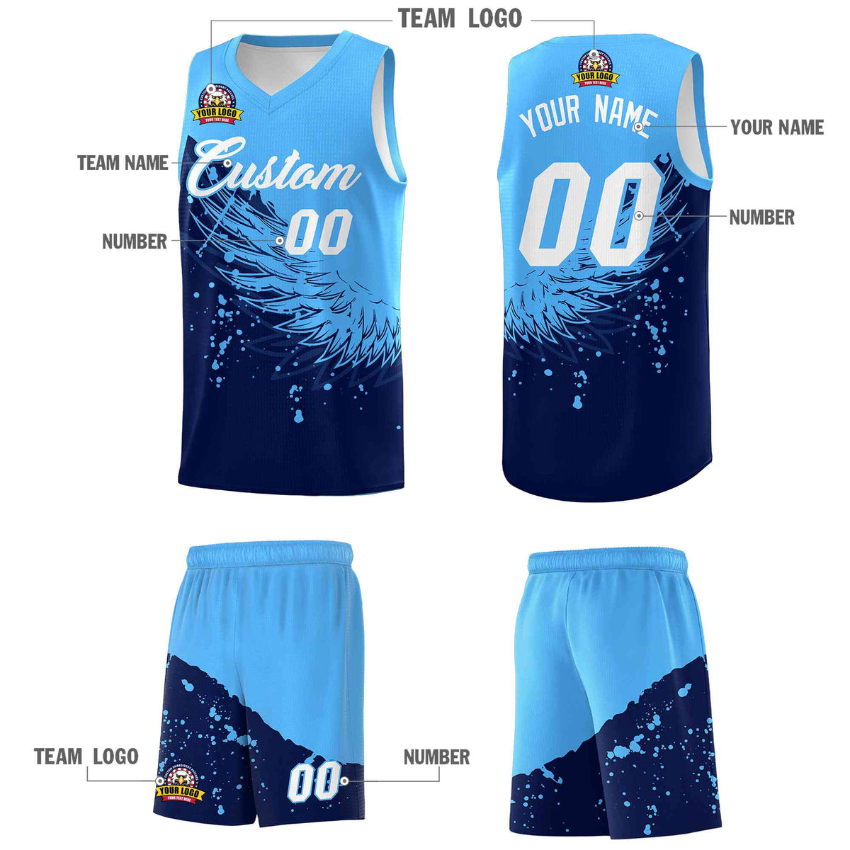 Custom Navy Powder Blue Wing Pattern Sports Uniform Basketball Jersey| KXKSHOP