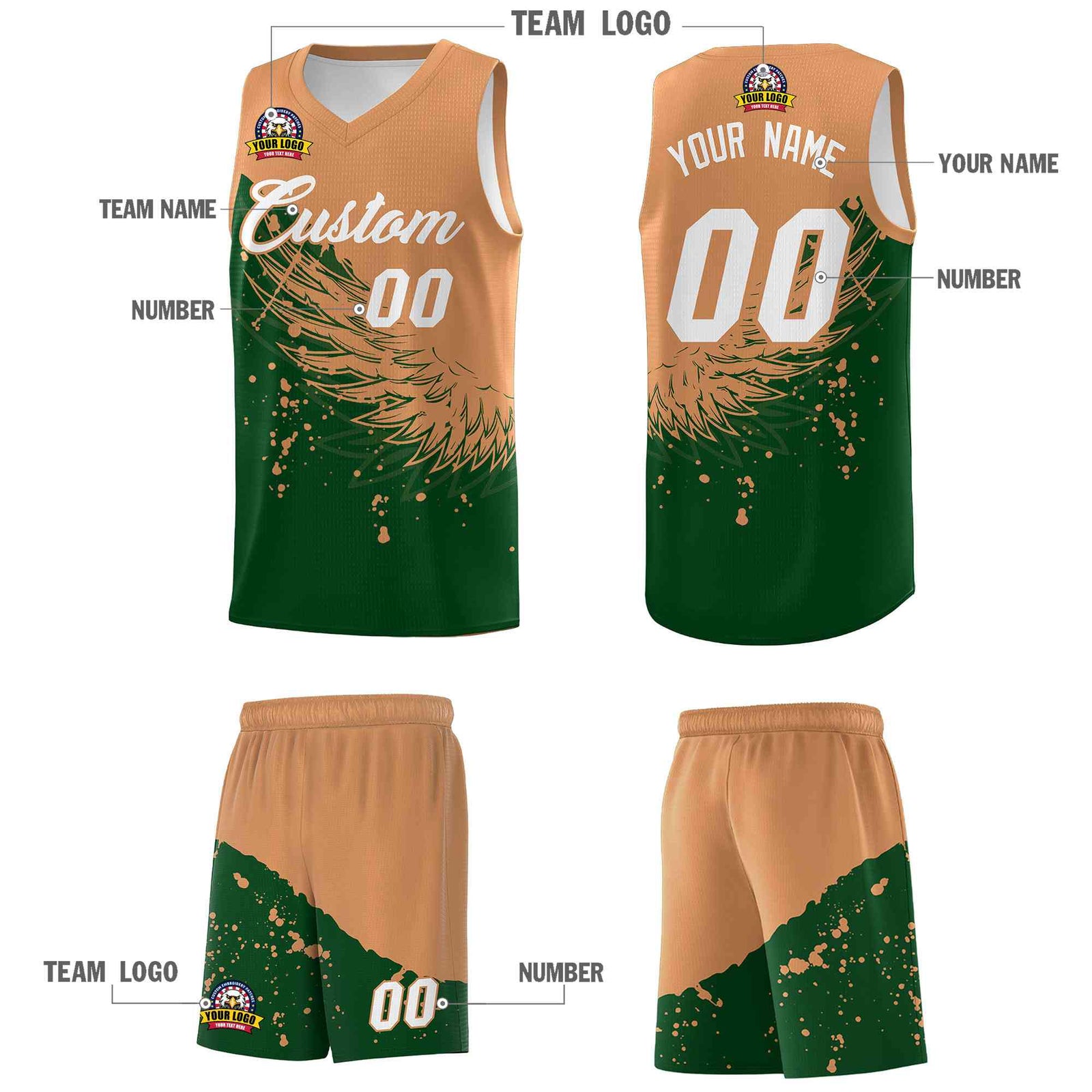 Custom Green Buckskin Brown Wing Pattern Sports Uniform Basketball Jersey| KXKSHOP