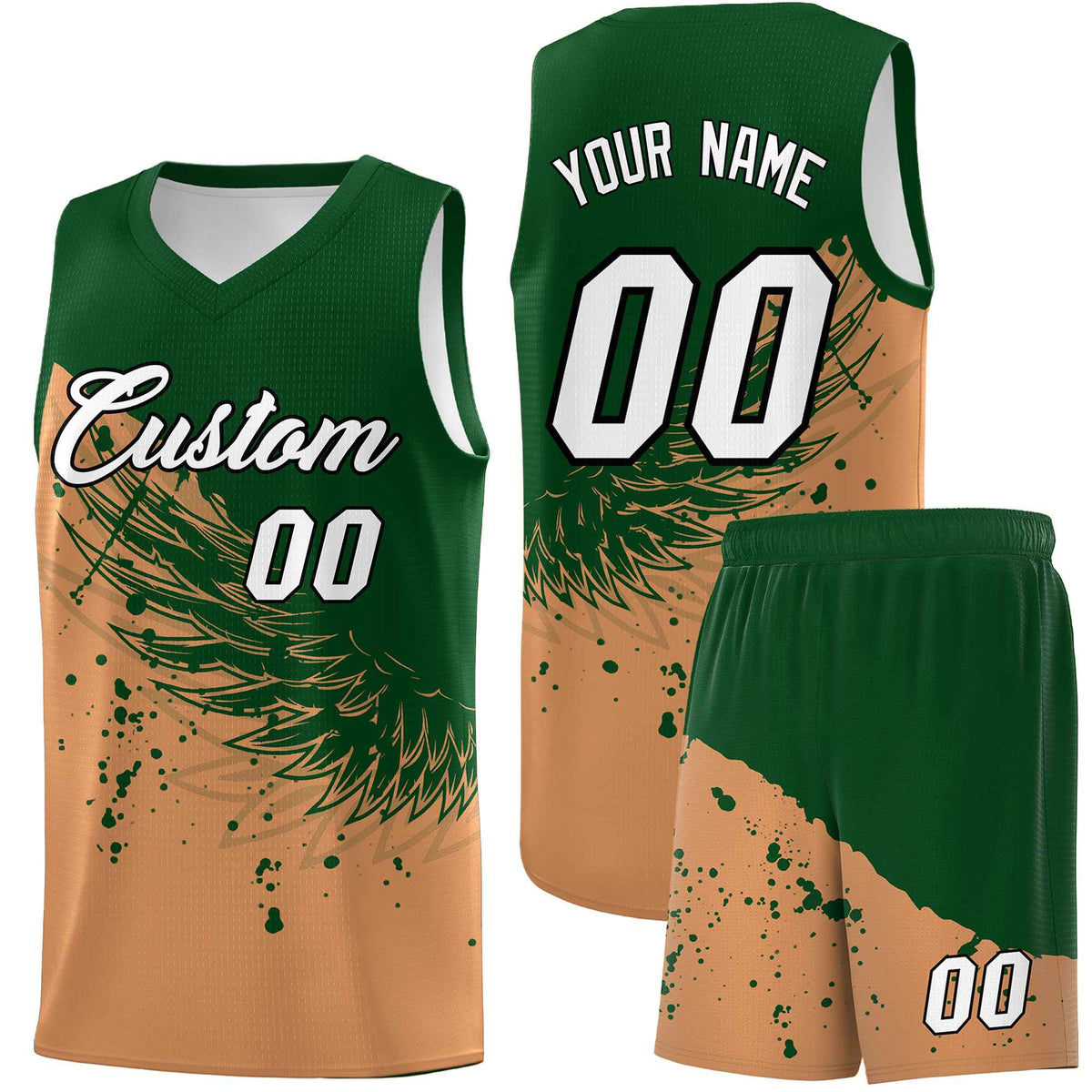 Custom Buckskin Brown Green Wing Pattern Sports Uniform Basketball Jersey| KXKSHOP