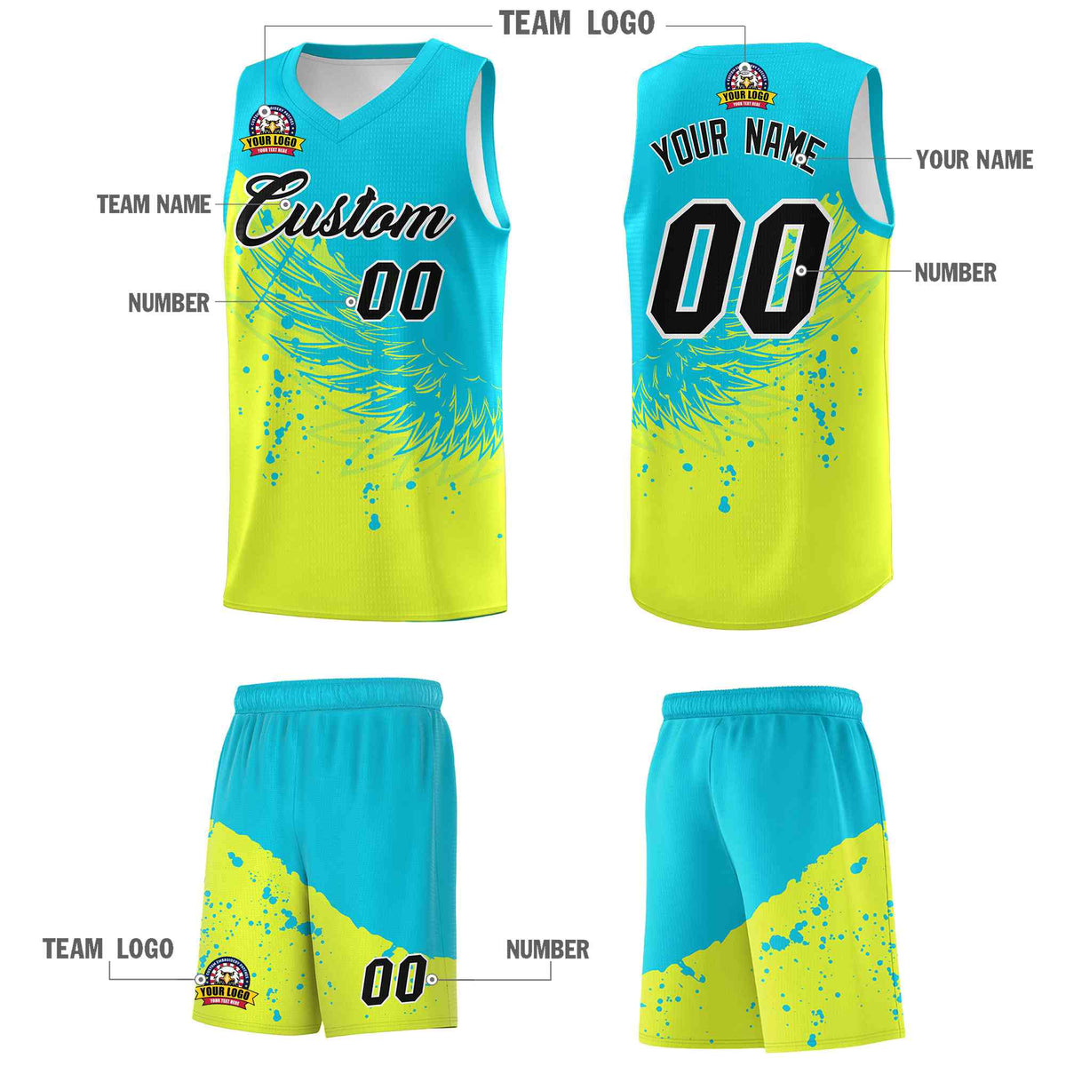 Custom Fluorescent Green Sky Blue Wing Pattern Sports Uniform Basketball Jersey| KXKSHOP