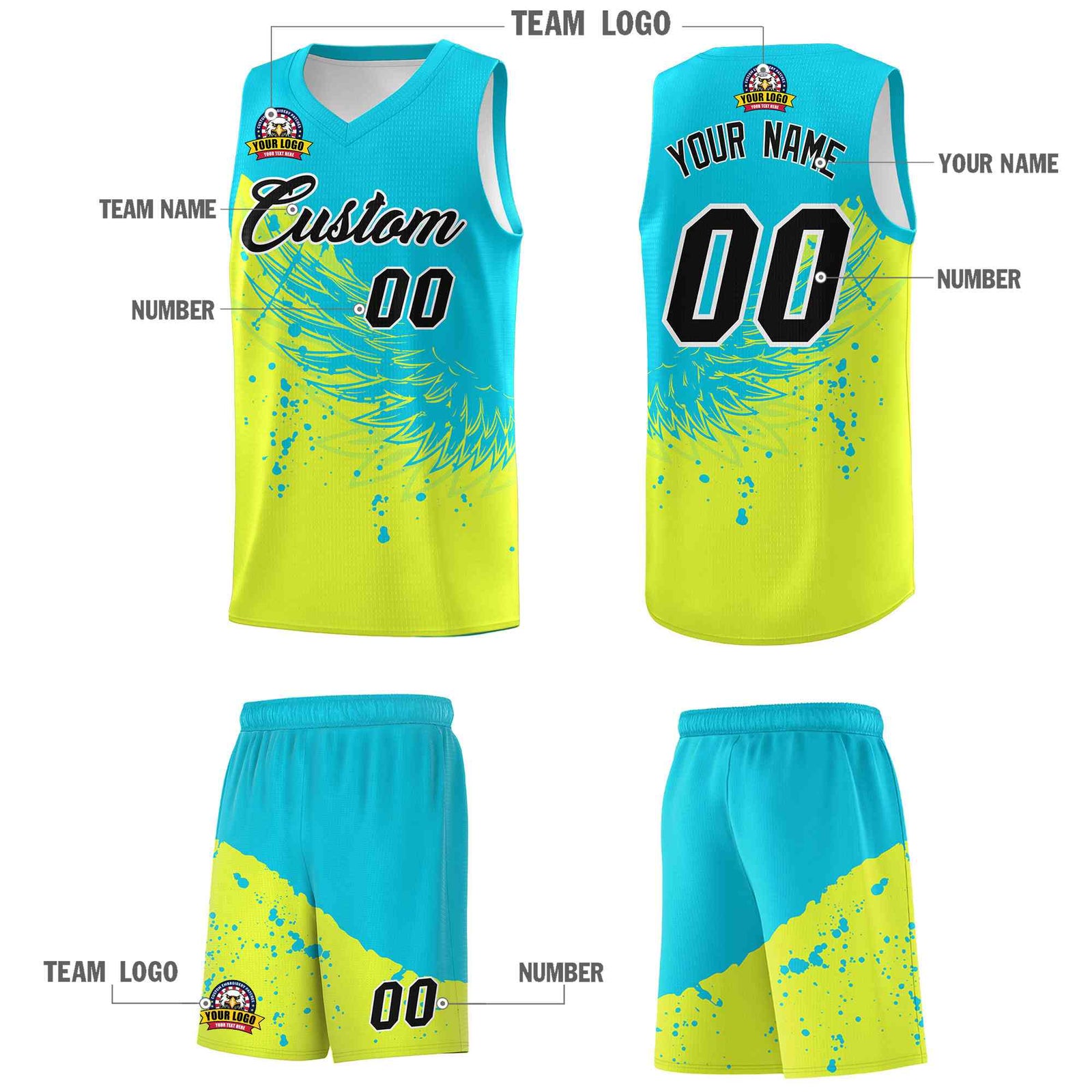 Custom Fluorescent Green Sky Blue Wing Pattern Sports Uniform Basketball Jersey| KXKSHOP