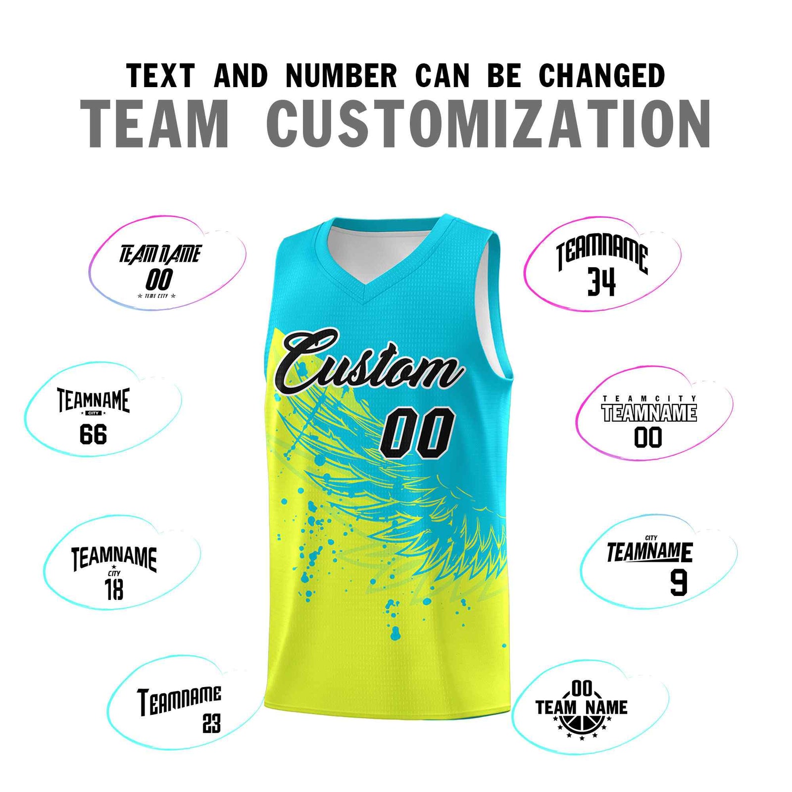 Custom Fluorescent Green Sky Blue Wing Pattern Sports Uniform Basketball Jersey| KXKSHOP