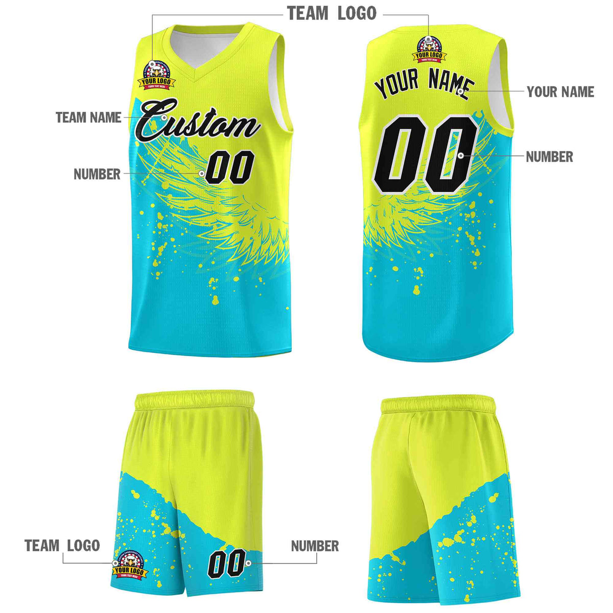 Custom Sky Blue Fluorescent Green Wing Pattern Sports Uniform Basketball Jersey| KXKSHOP