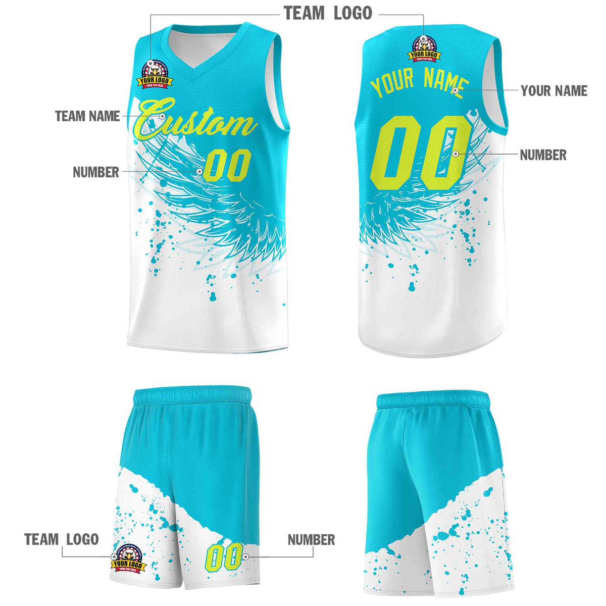 Custom White Sky Blue Wing Pattern Sports Uniform Basketball Jersey| KXKSHOP