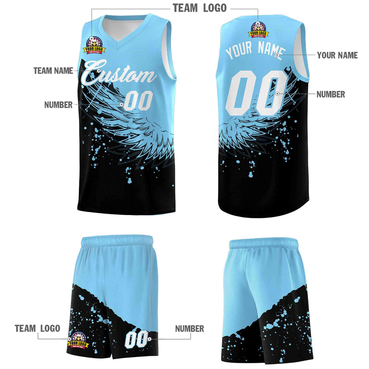 Custom Black Light Blue Wing Pattern Sports Uniform Basketball Jersey| KXKSHOP
