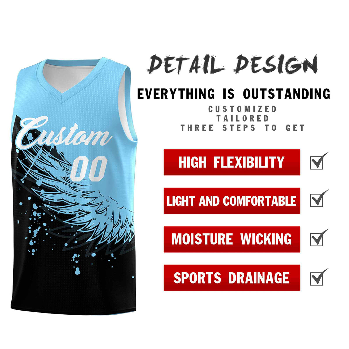 Custom Black Light Blue Wing Pattern Sports Uniform Basketball Jersey| KXKSHOP