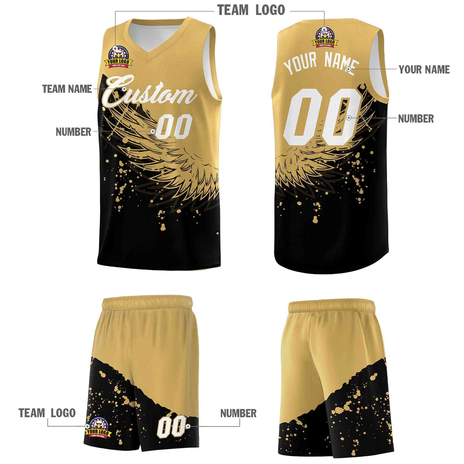 Custom Black Old Gold Wing Pattern Sports Uniform Basketball Jersey| KXKSHOP