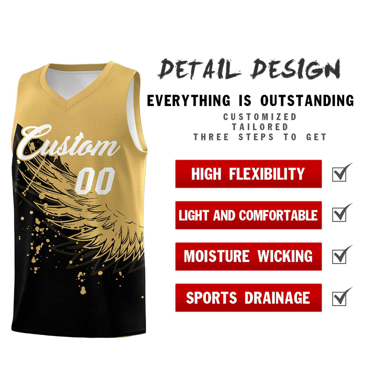 Custom Black Old Gold Wing Pattern Sports Uniform Basketball Jersey| KXKSHOP