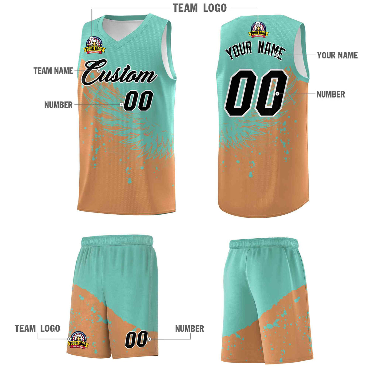 Custom Buckskin Brown Bright Green Wing Pattern Sports Uniform Basketball Jersey| KXKSHOP