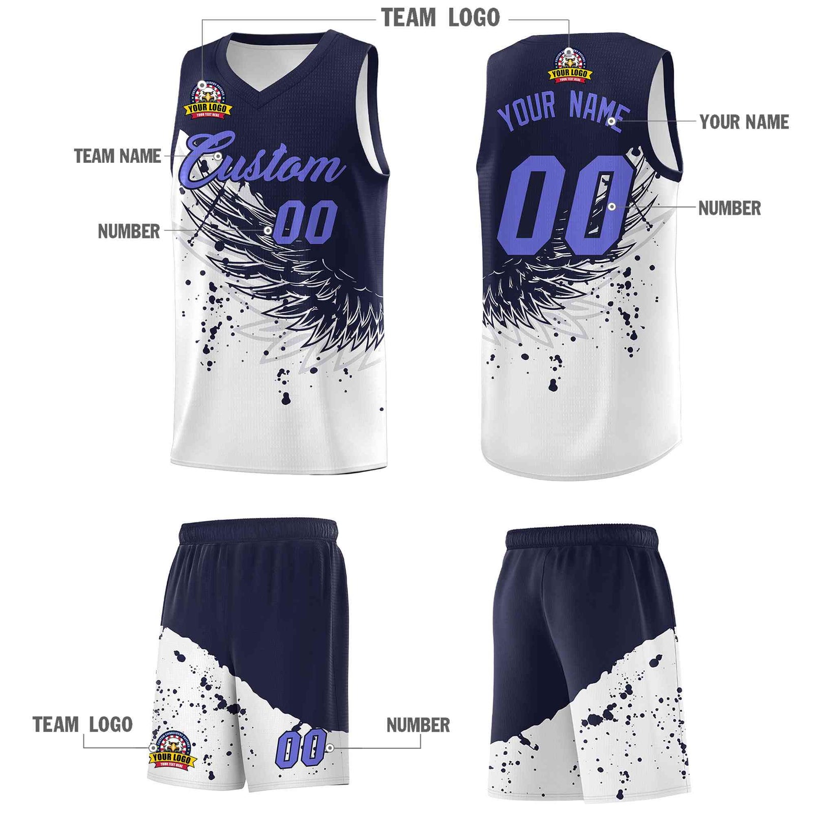 Custom White Navy Wing Pattern Sports Uniform Basketball Jersey| KXKSHOP