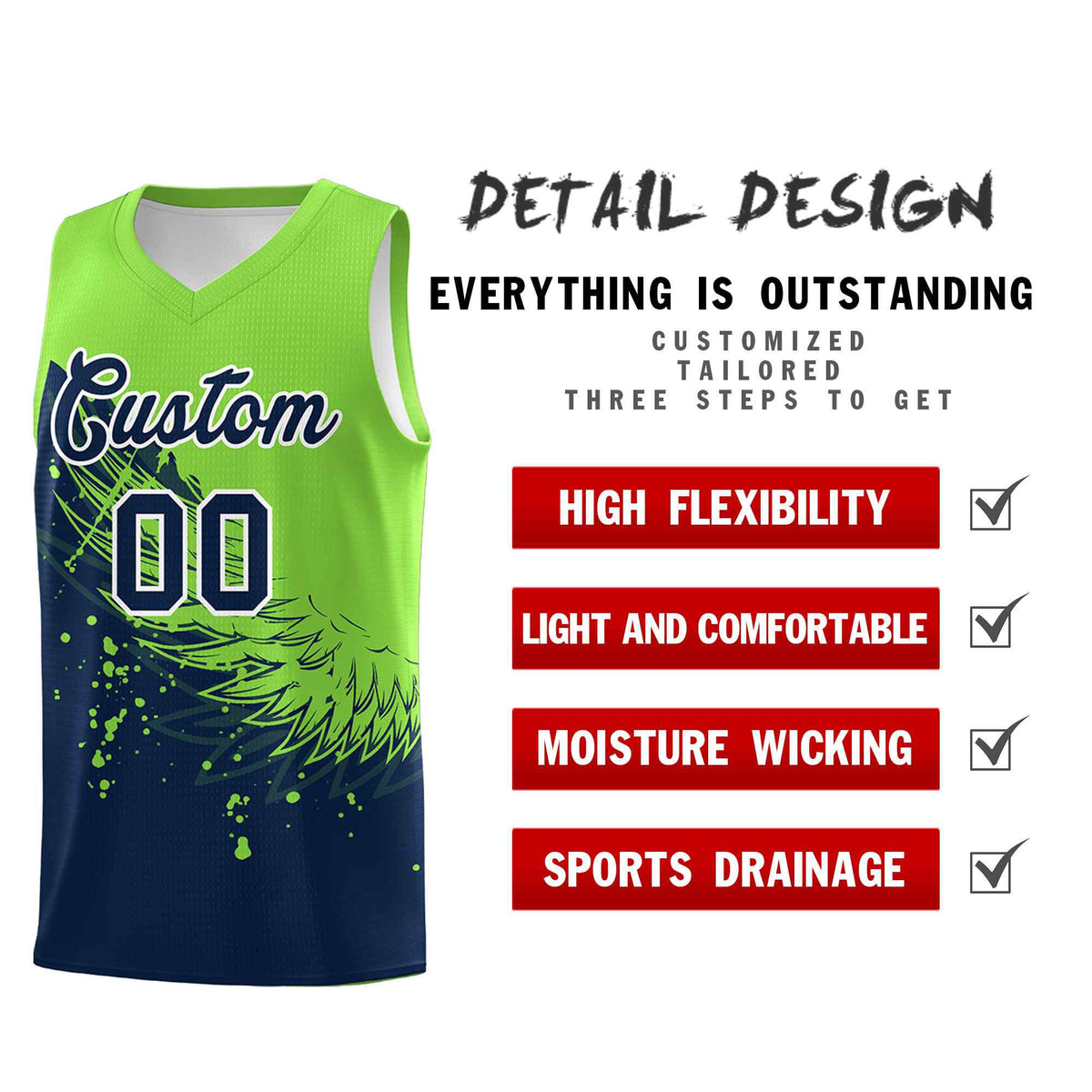 Custom Navy Fluorescent Green Wing Pattern Sports Uniform Basketball Jersey