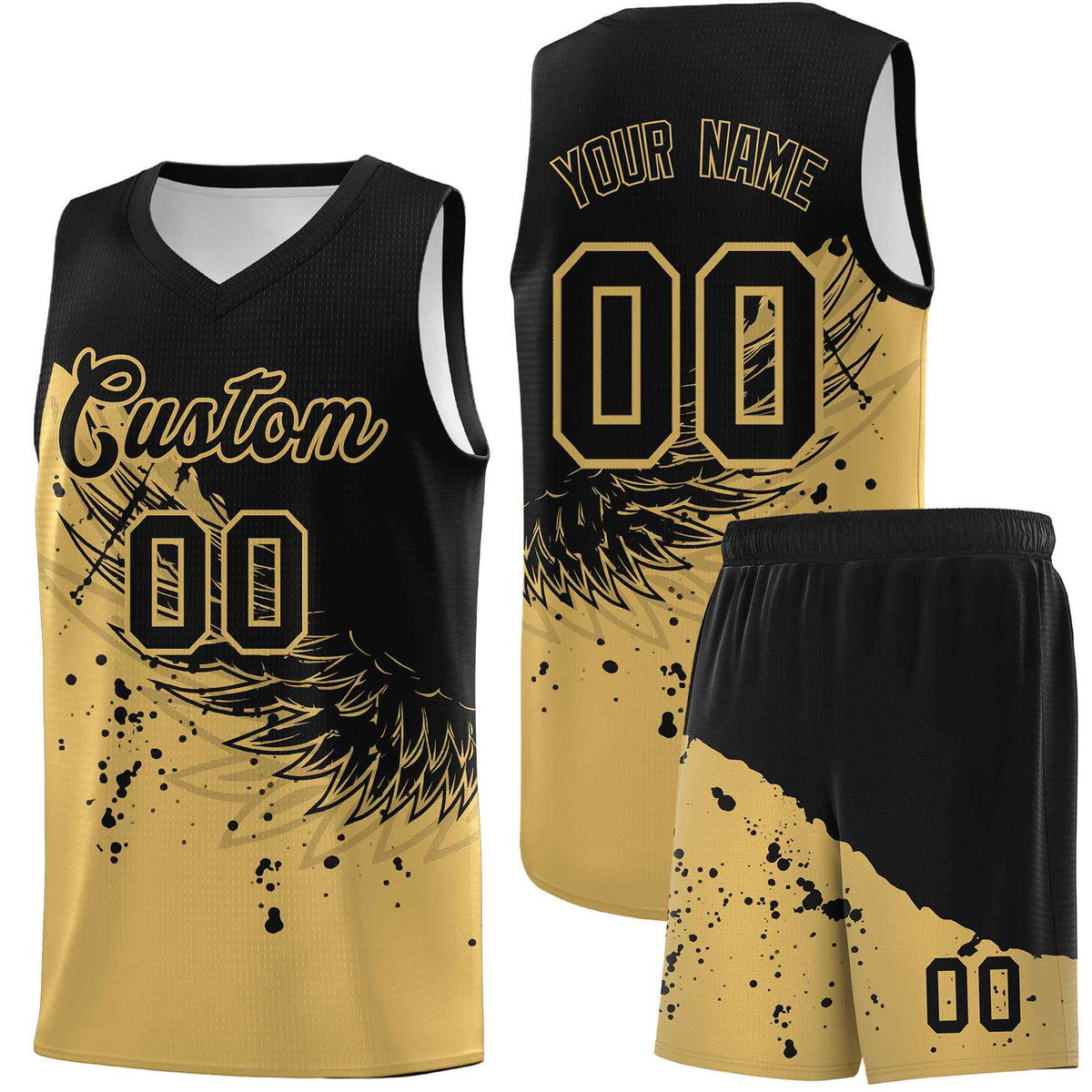 Custom Old Gold Black Wing Pattern Sports Uniform Basketball Jersey