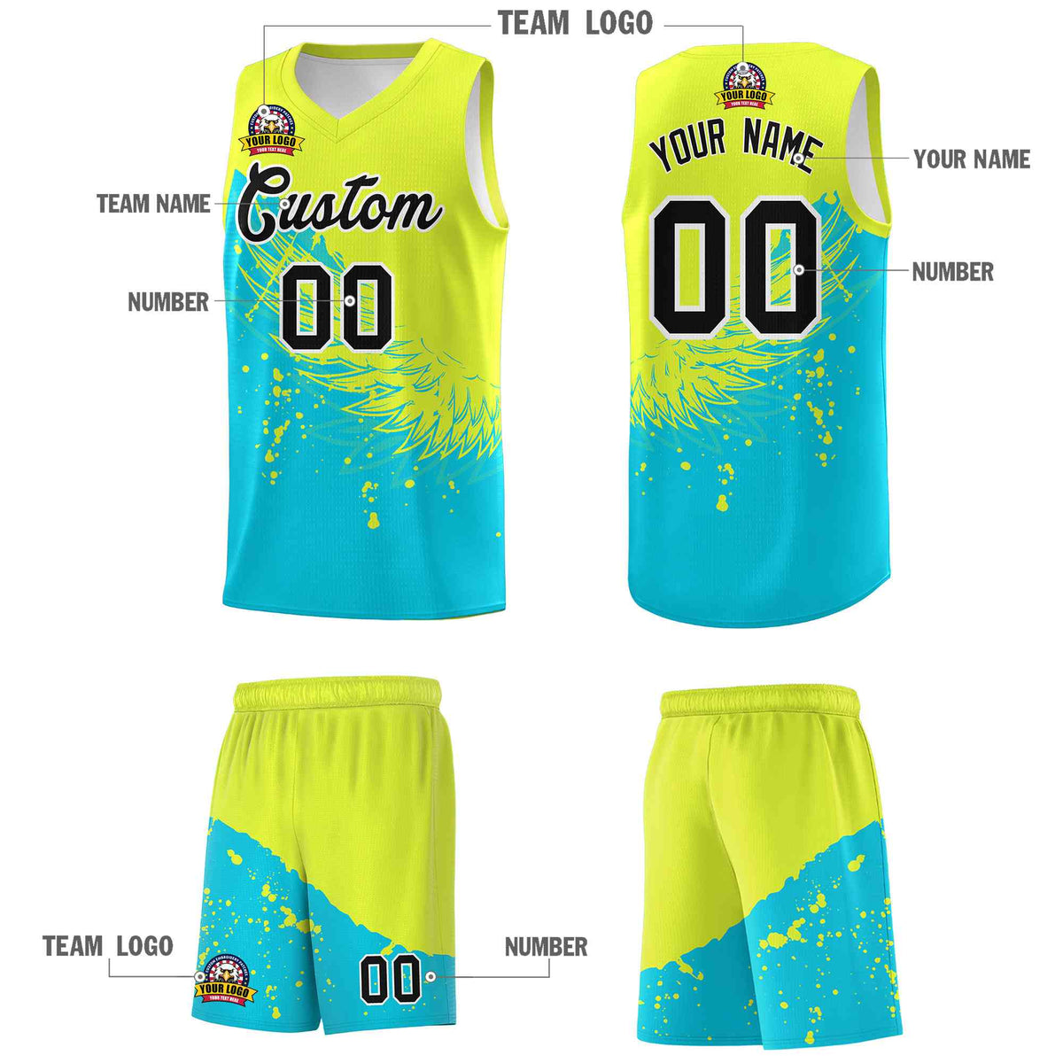 Custom Sky Blue Fluorescent Green Wing Pattern Sports Uniform Basketball Jersey