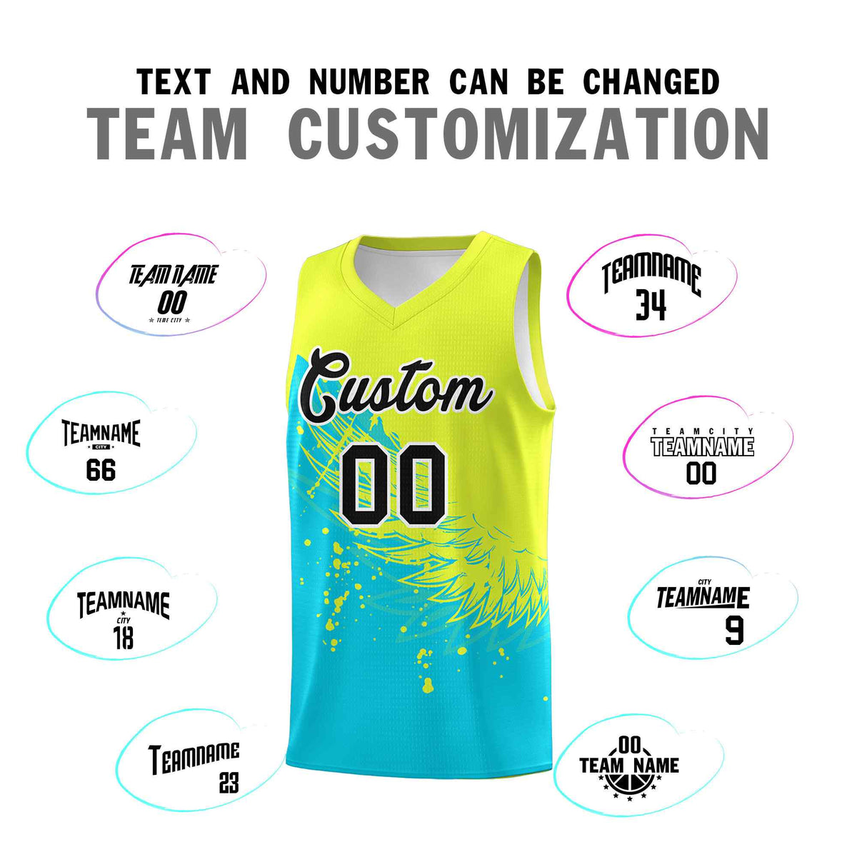Custom Sky Blue Fluorescent Green Wing Pattern Sports Uniform Basketball Jersey