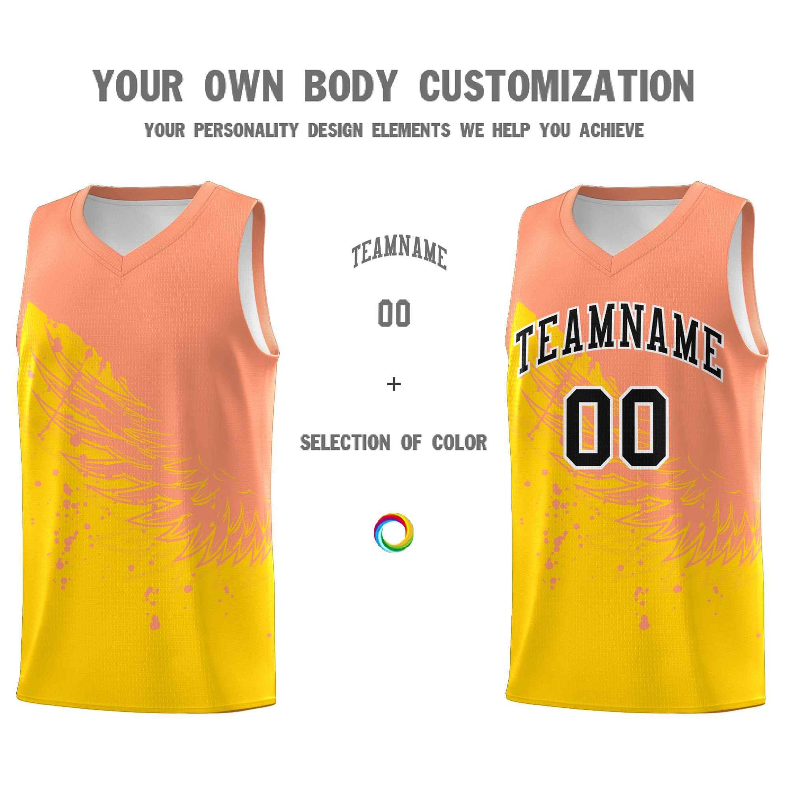 Custom Gold Light Orange Wing Pattern Sports Uniform Basketball Jersey
