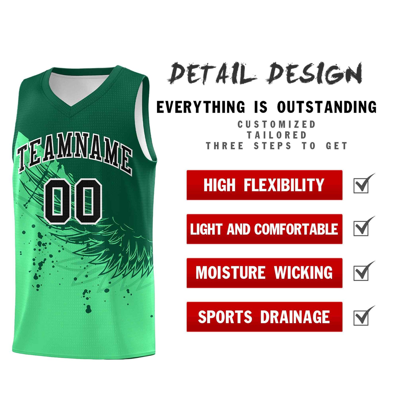 Custom Green Kelly Green Wing Pattern Sports Uniform Basketball Jersey