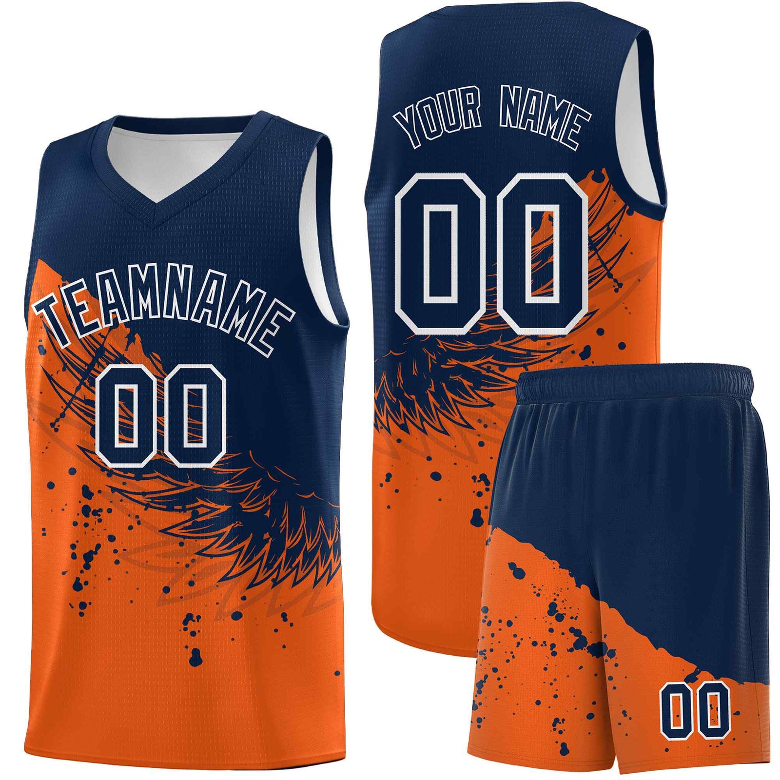 Custom Orange Navy Wing Pattern Sports Uniform Basketball Jersey