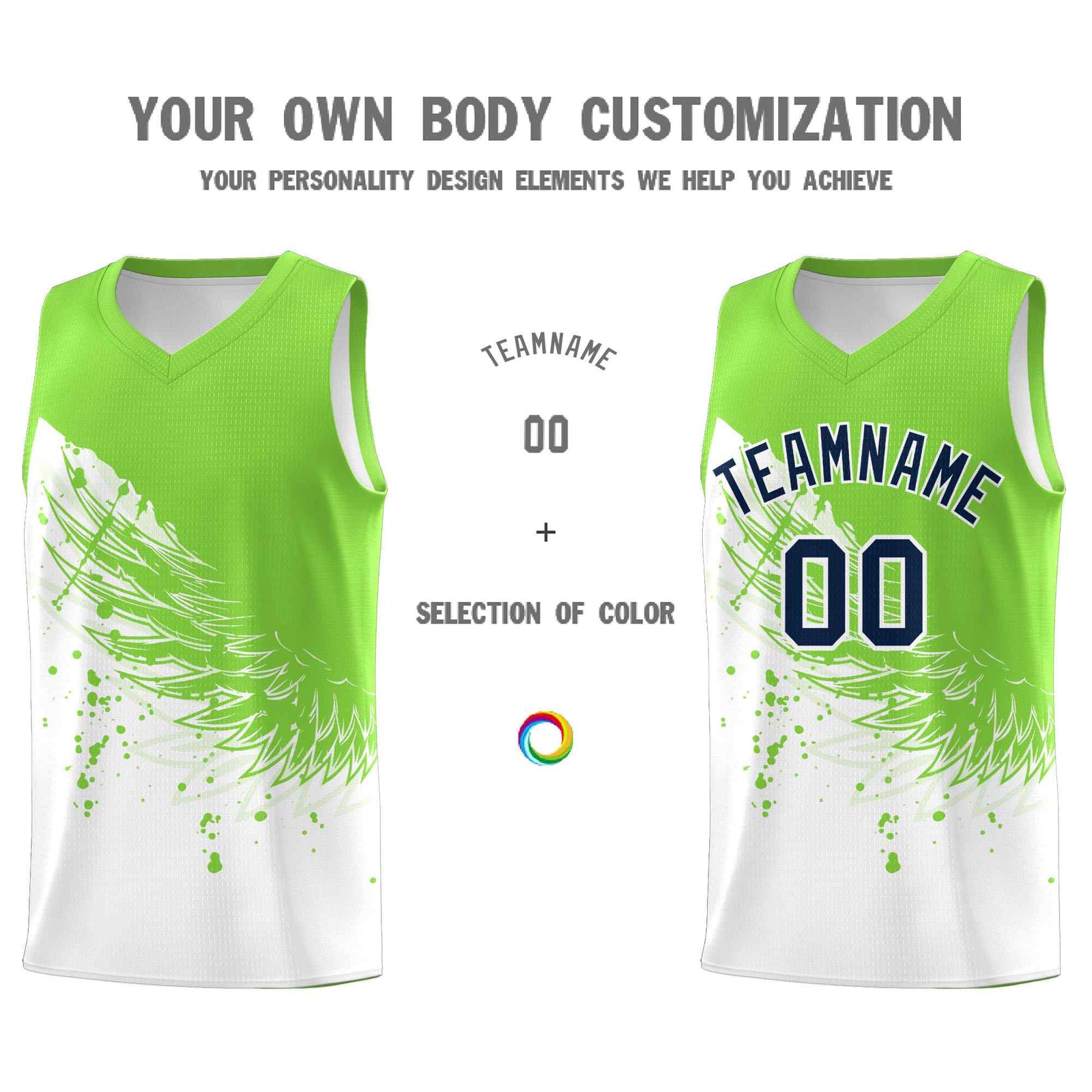 Custom White Fluorescent Green Wing Pattern Sports Uniform Basketball Jersey