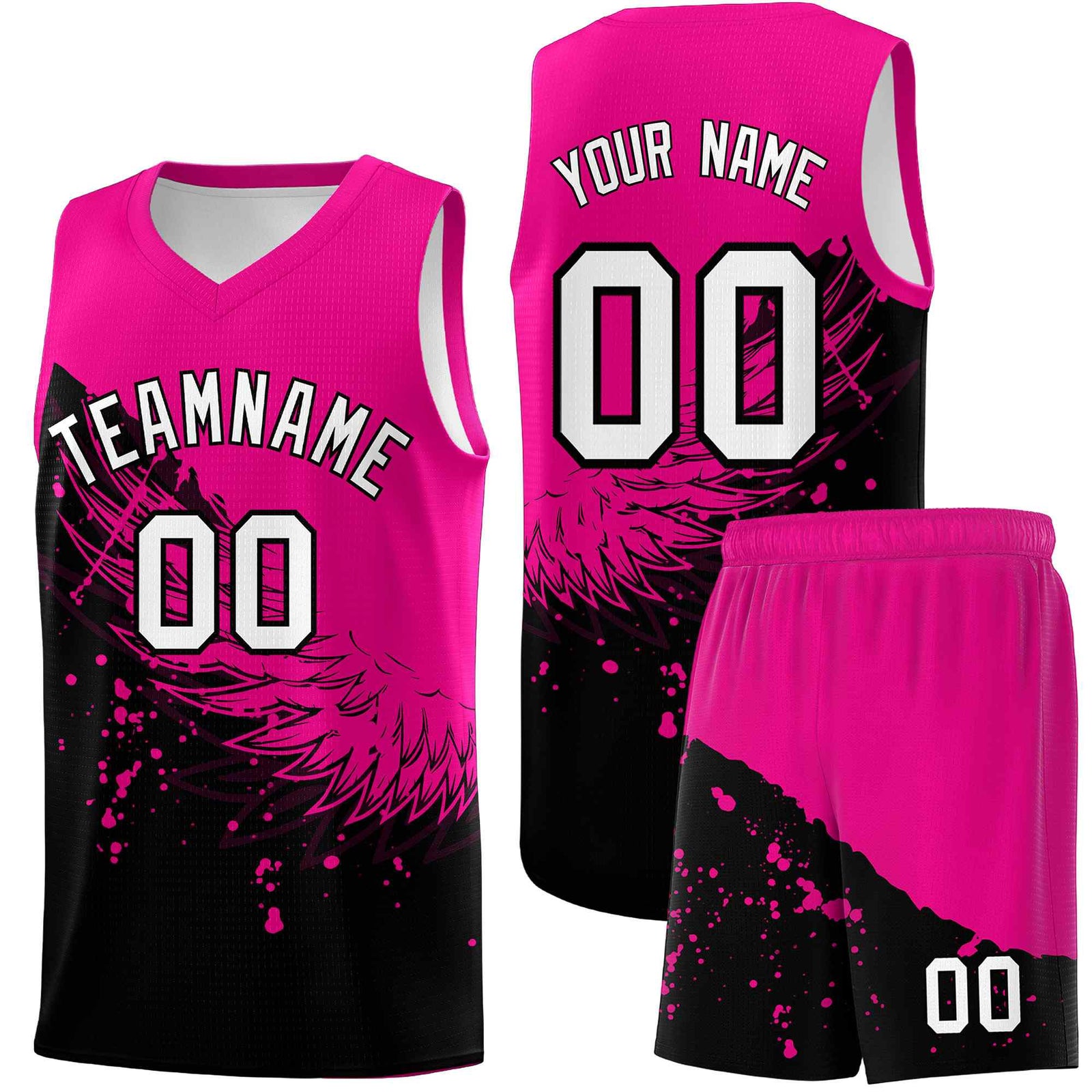 Custom Black Pink Wing Pattern Sports Uniform Basketball Jersey