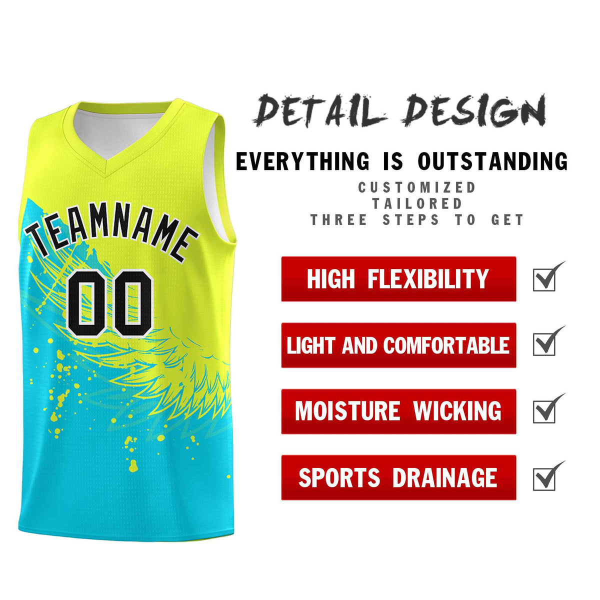 Custom Sky Blue Fluorescent Green Wing Pattern Sports Uniform Basketball Jersey