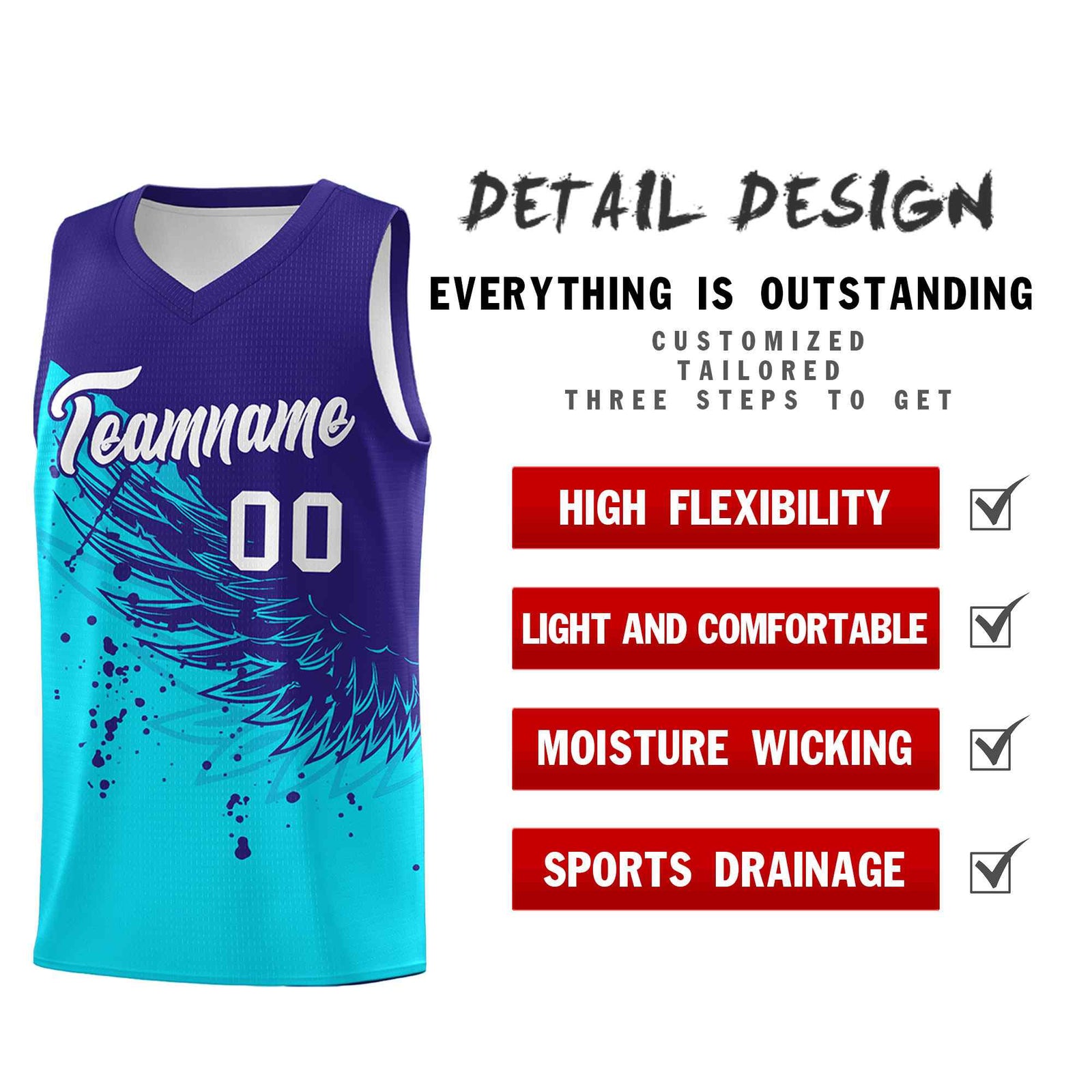 Custom Sky Blue Royal Wing Pattern Sports Uniform Basketball Jersey
