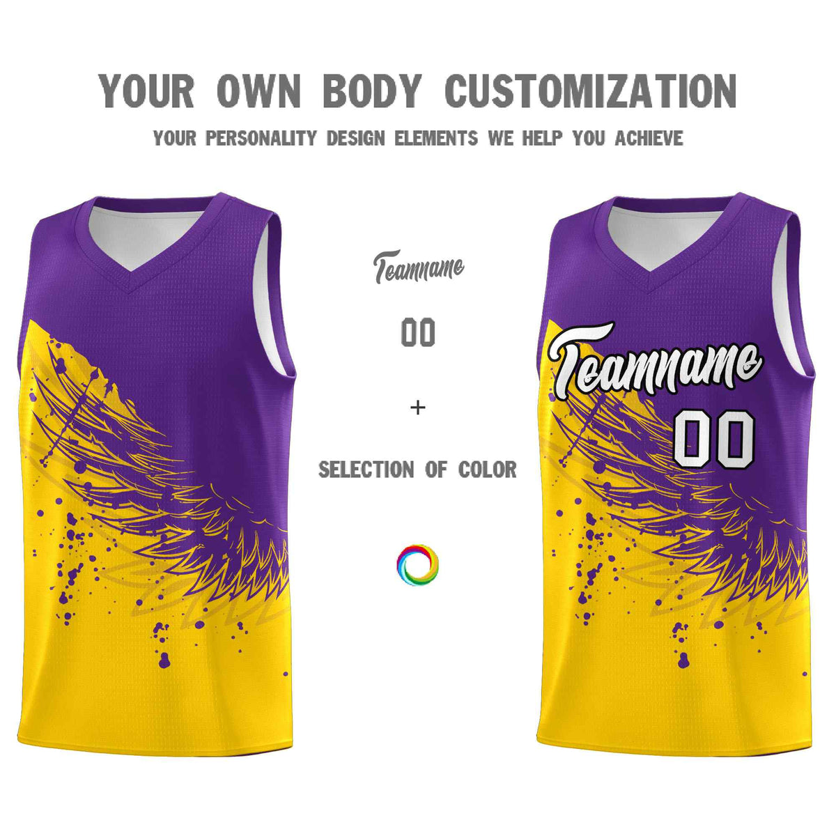 Custom Gold Purple Wing Pattern Sports Uniform Basketball Jersey