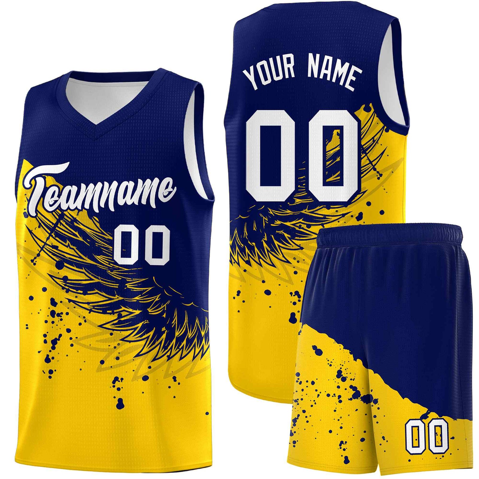 Custom Gold Navy Wing Pattern Sports Uniform Basketball Jersey