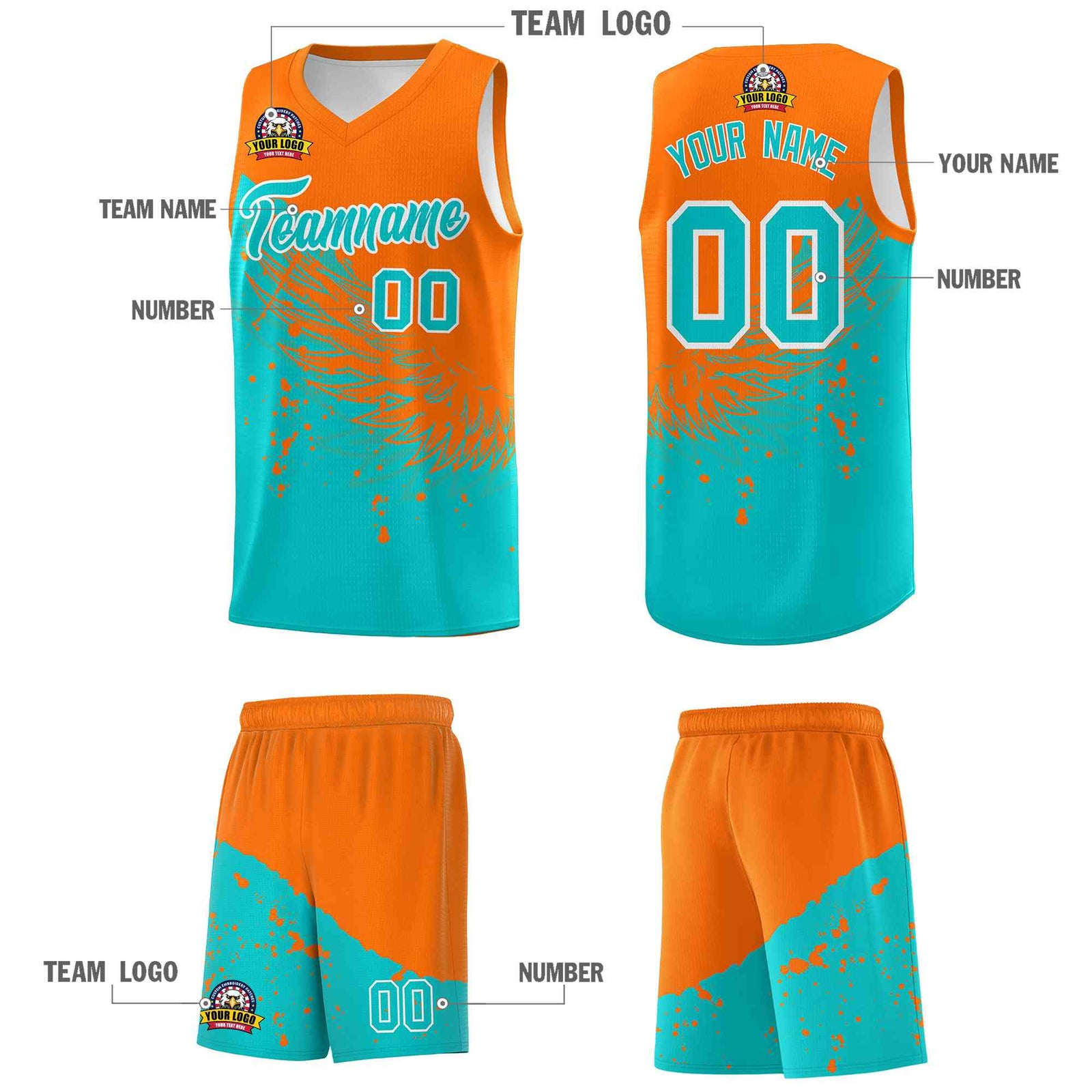 Custom Aqua Orange Wing Pattern Sports Uniform Basketball Jersey