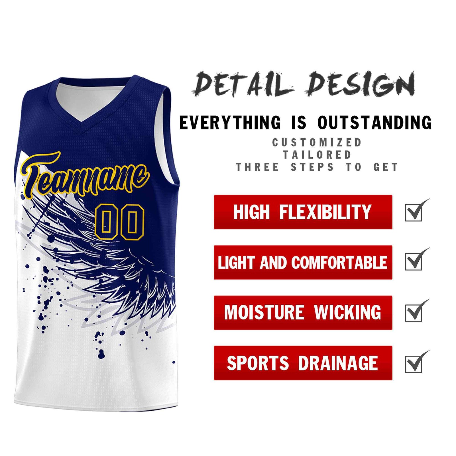 Custom White Navy Wing Pattern Sports Uniform Basketball Jersey