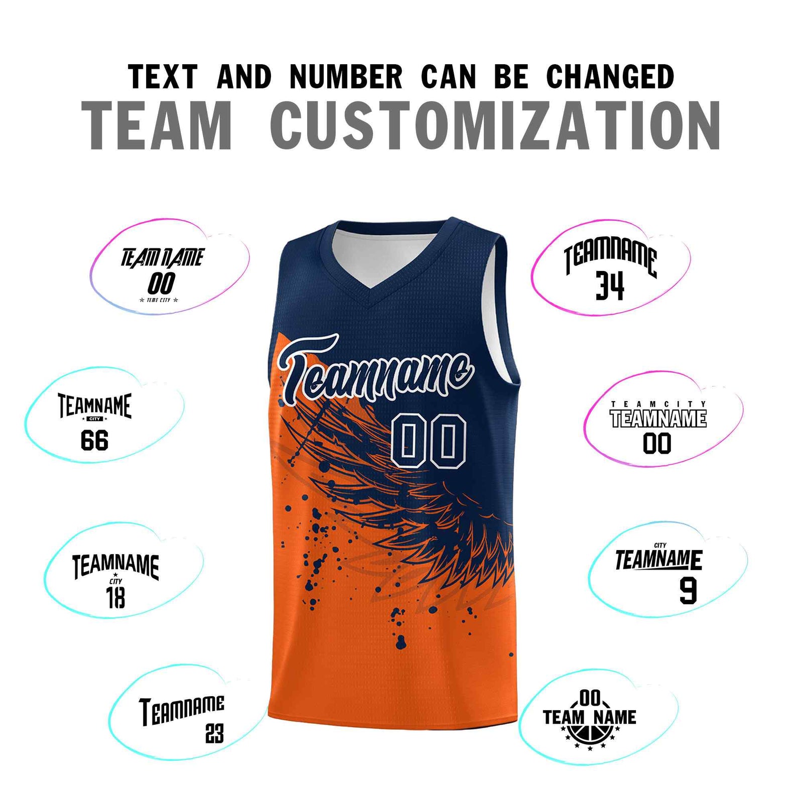 Custom Orange Navy Wing Pattern Sports Uniform Basketball Jersey