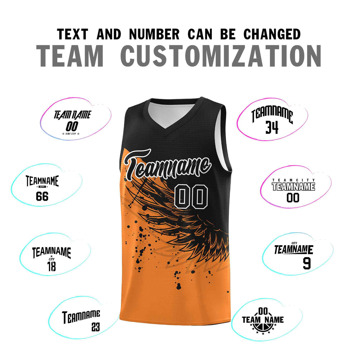 Custom Gold Orange Black Wing Pattern Sports Uniform Basketball Jersey
