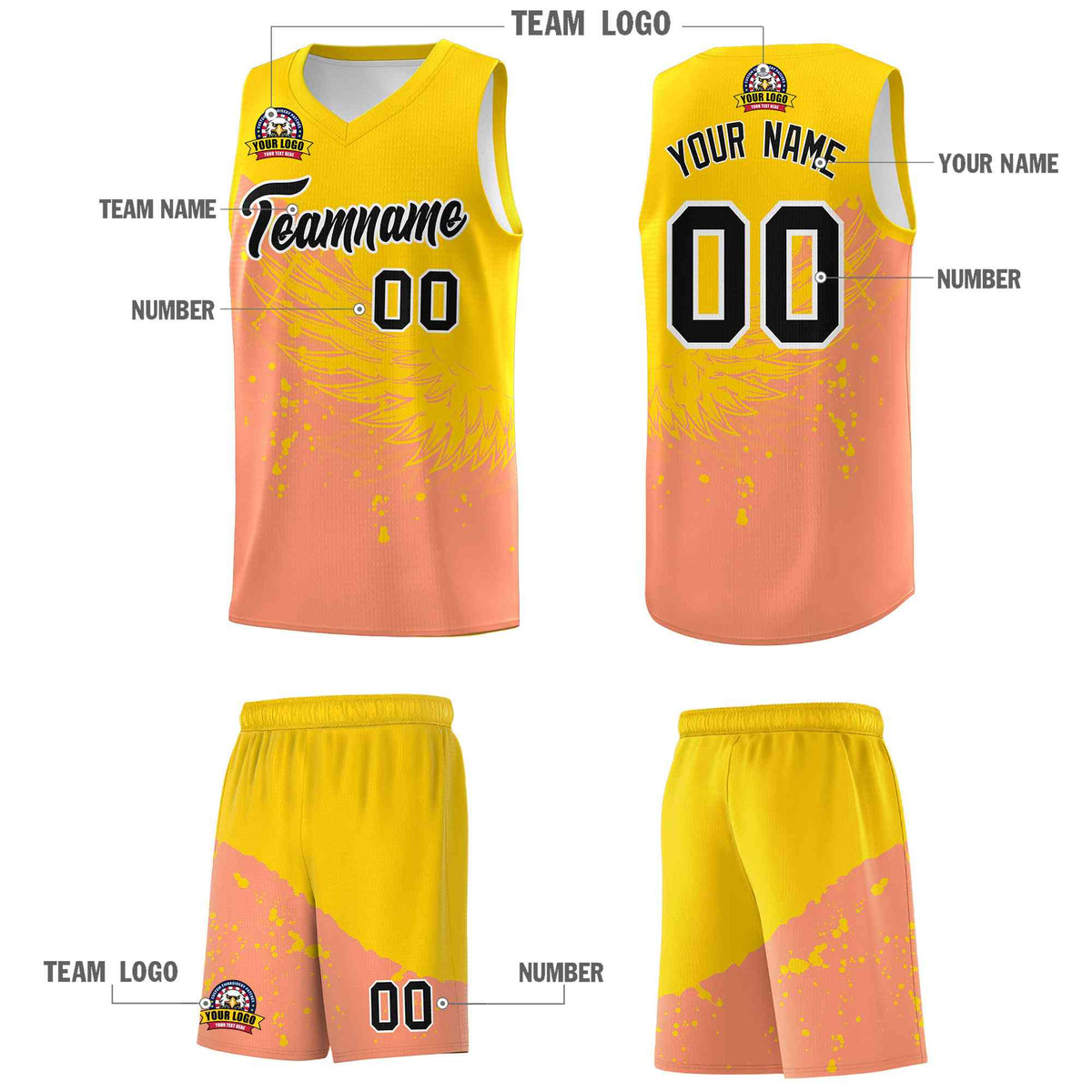 Custom Light Orange Gold Wing Pattern Sports Uniform Basketball Jersey