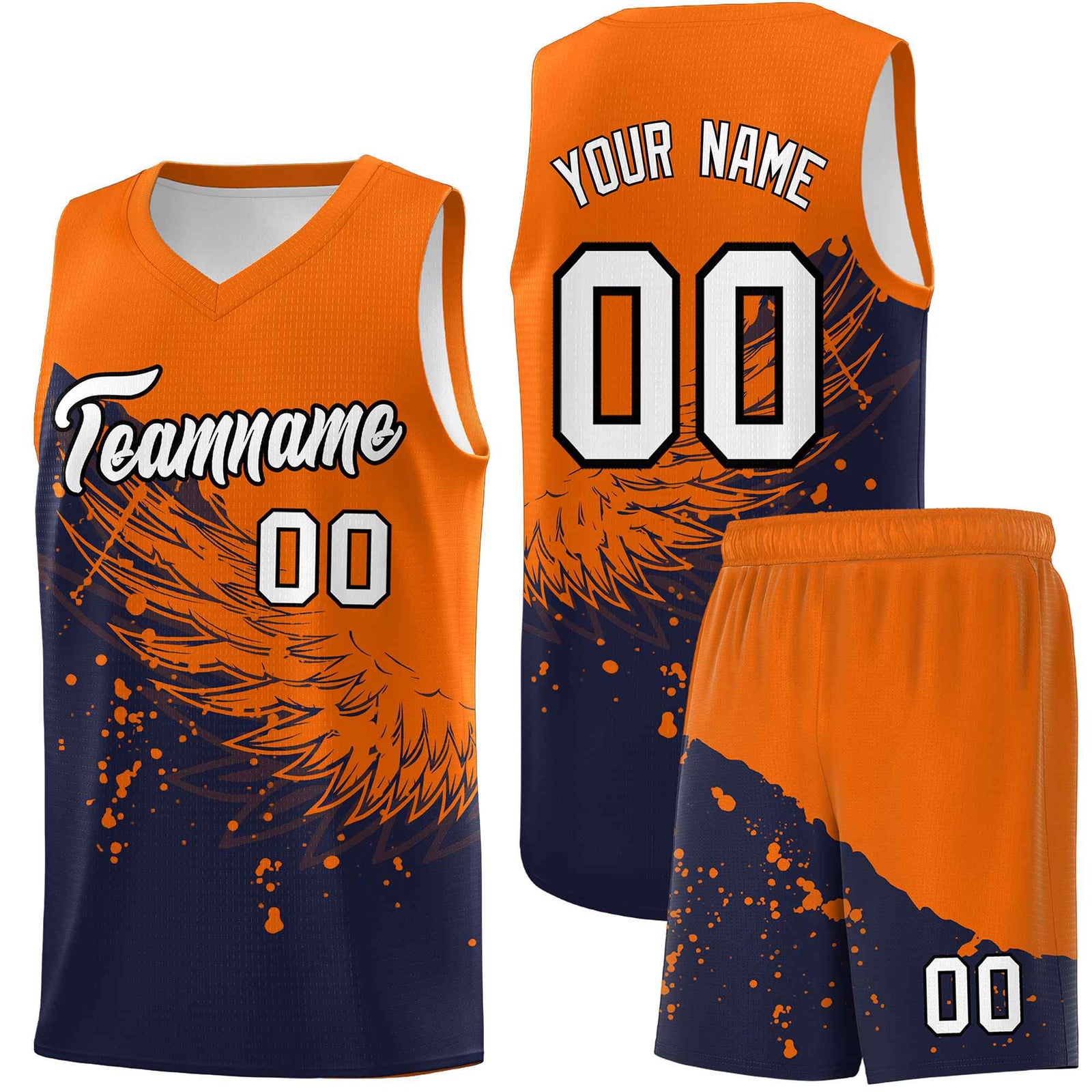 Custom Navy Orange Wing Pattern Sports Uniform Basketball Jersey