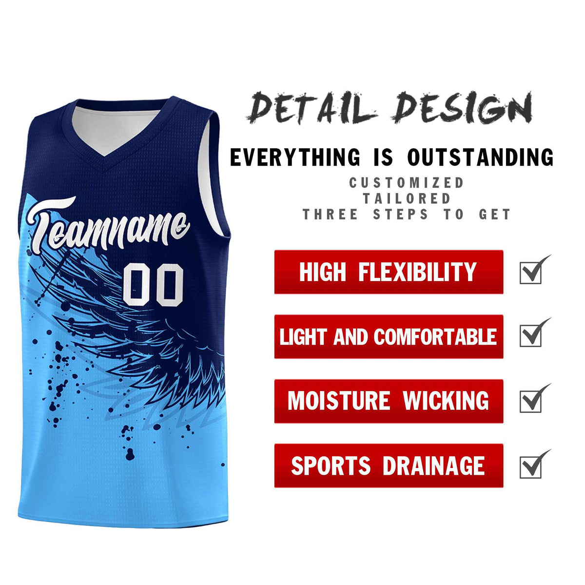 Custom Powder Blue Navy Wing Pattern Sports Uniform Basketball Jersey