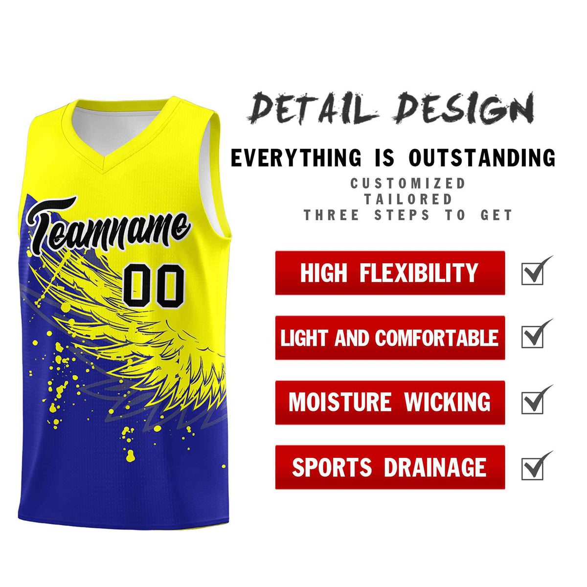 Custom Royal Fluorescent Yellow Wing Pattern Sports Uniform Basketball Jersey