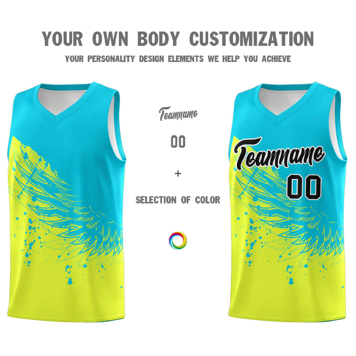 Custom Fluorescent Green Sky Blue Wing Pattern Sports Uniform Basketball Jersey