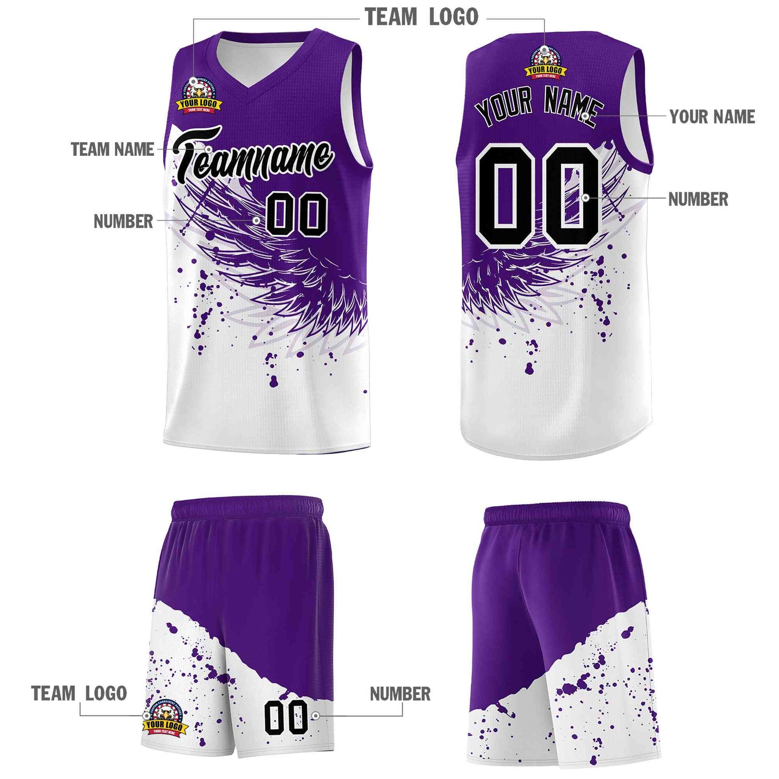 Custom White Purple Wing Pattern Sports Uniform Basketball Jersey