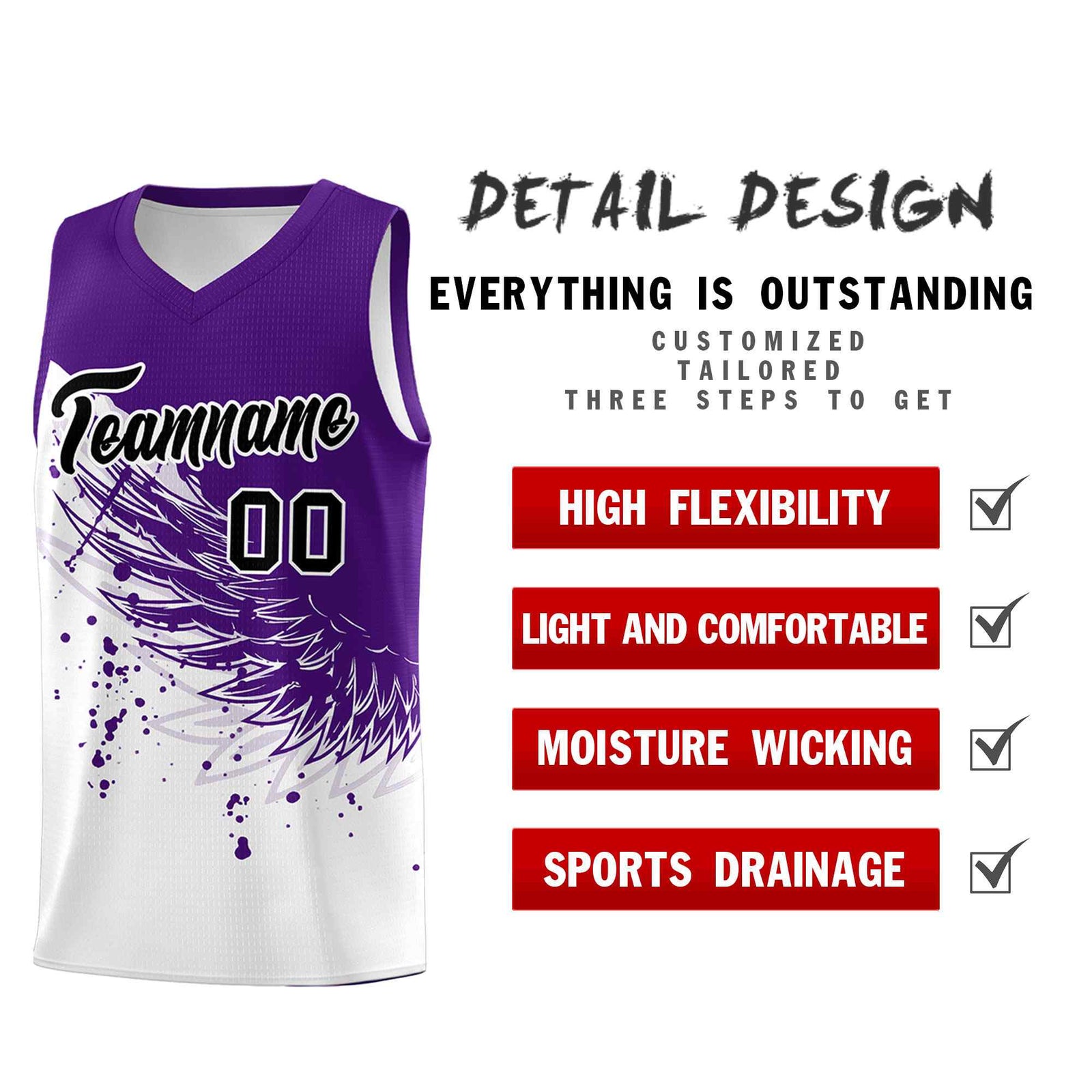 Custom White Purple Wing Pattern Sports Uniform Basketball Jersey