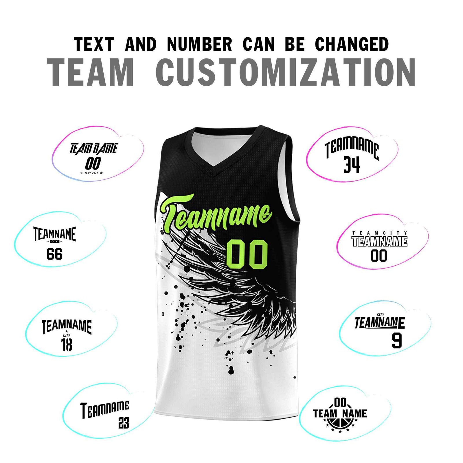 Custom White Black Wing Pattern Sports Uniform Basketball Jersey