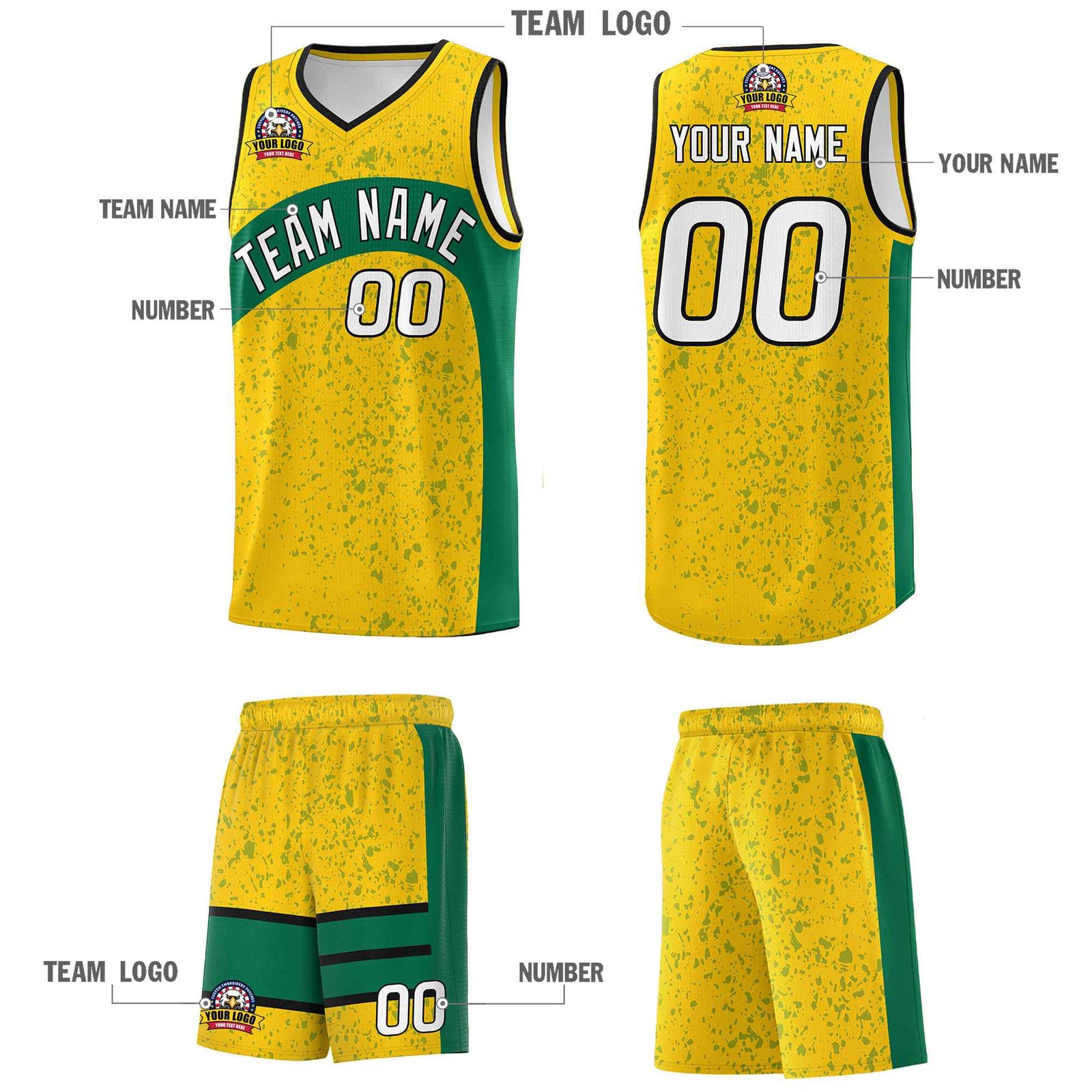 Custom Gold Kelly Green Dot Graffiti Pattern Irregular Team Names Sports Uniform Basketball Jersey