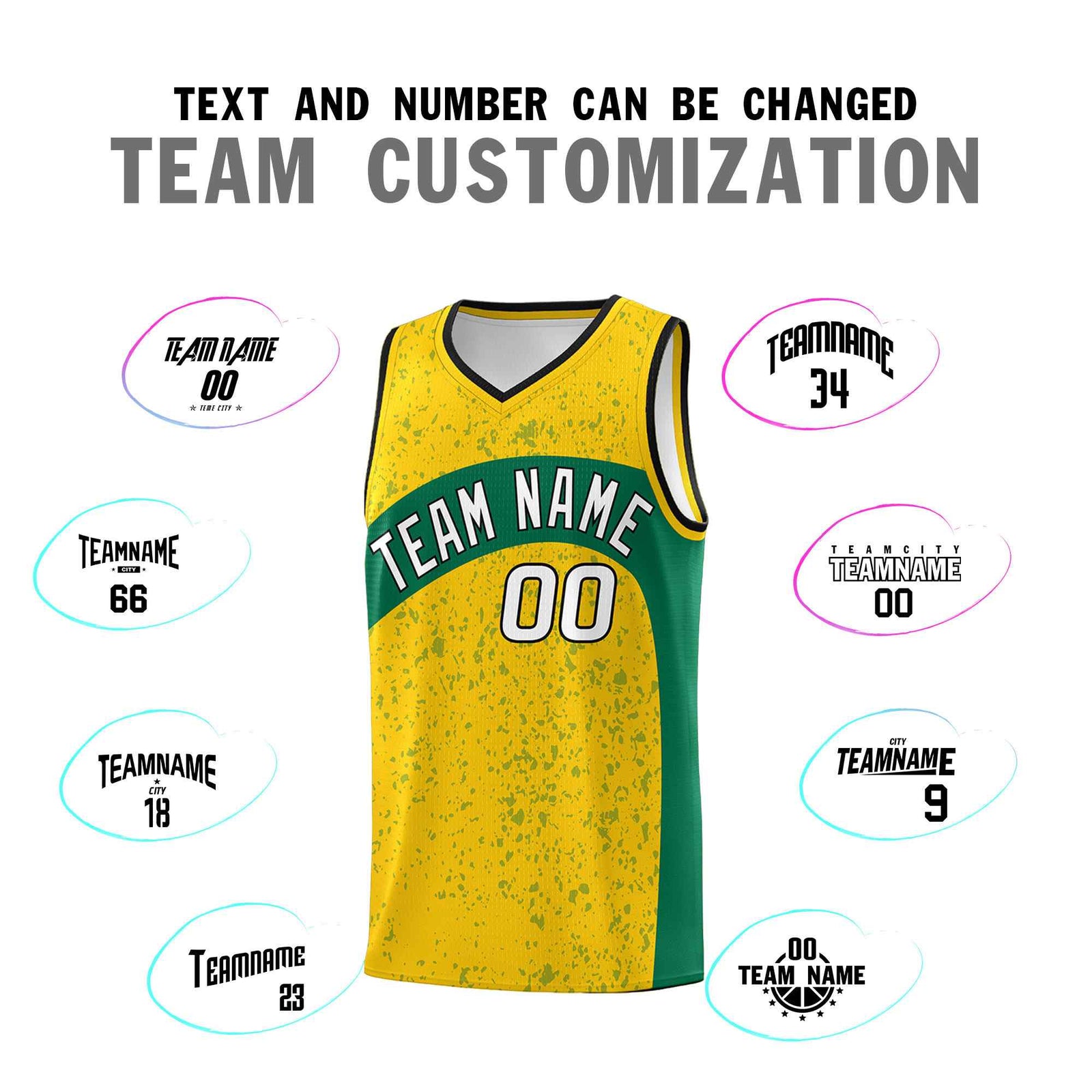 Custom Gold Kelly Green Dot Graffiti Pattern Irregular Team Names Sports Uniform Basketball Jersey