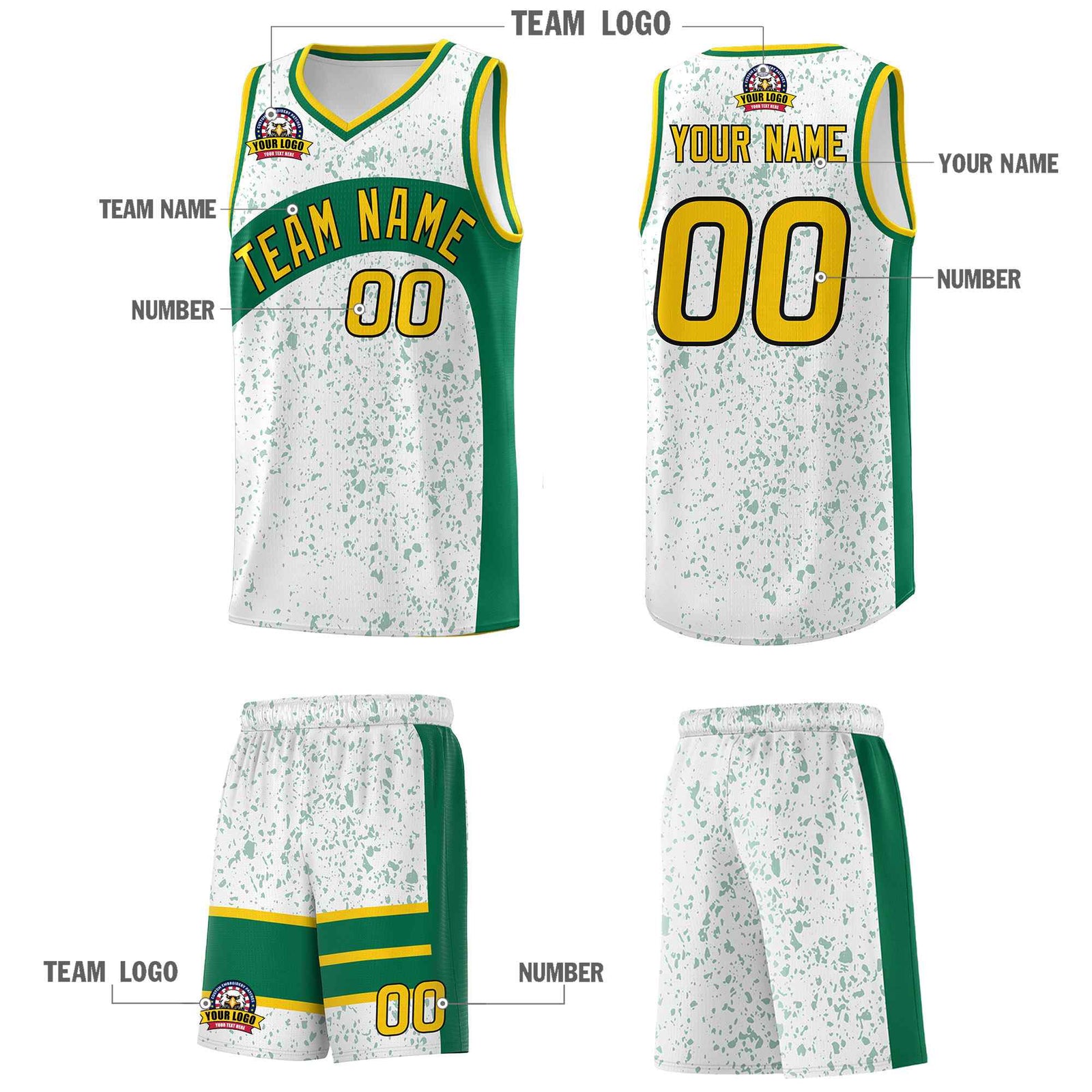 Custom White Kelly Green Dot Graffiti Pattern Irregular Team Names Sports Uniform Basketball Jersey