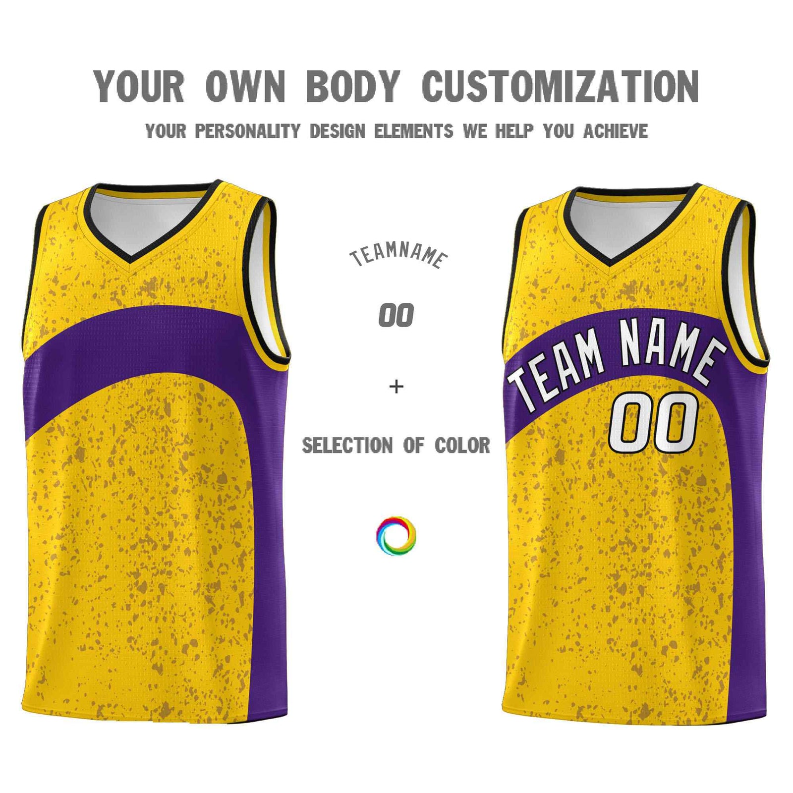 Custom Gold Purple Dot Graffiti Pattern Irregular Team Names Sports Uniform Basketball Jersey