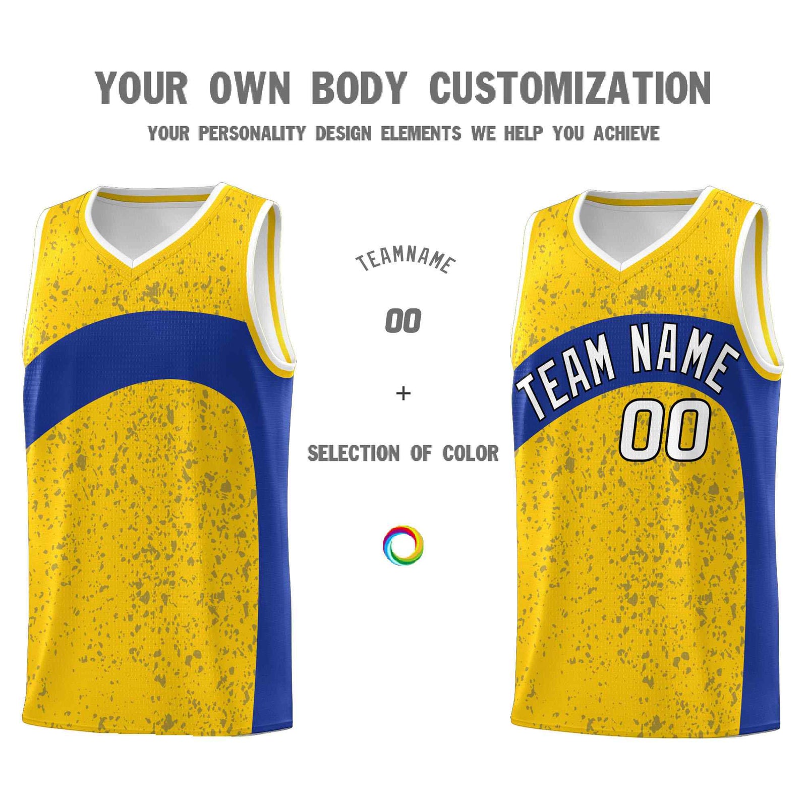 Custom Gold Royal Dot Graffiti Pattern Irregular Team Names Sports Uniform Basketball Jersey