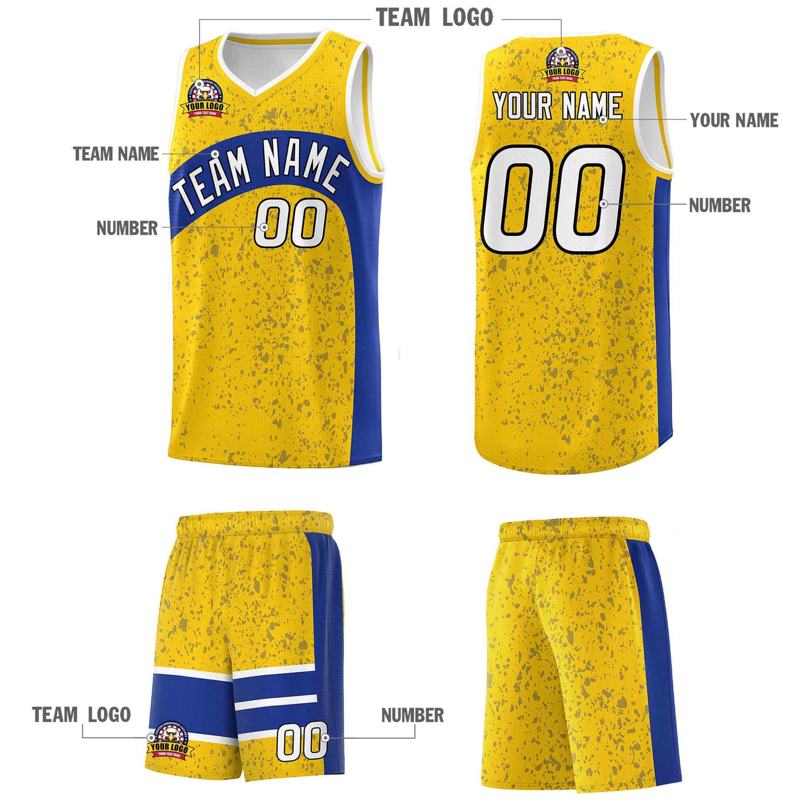 Custom Gold Royal Dot Graffiti Pattern Irregular Team Names Sports Uniform Basketball Jersey