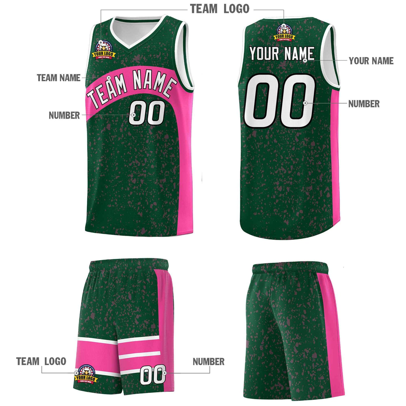 Custom Green Pink Dot Graffiti Pattern Irregular Team Names Sports Uniform Basketball Jersey