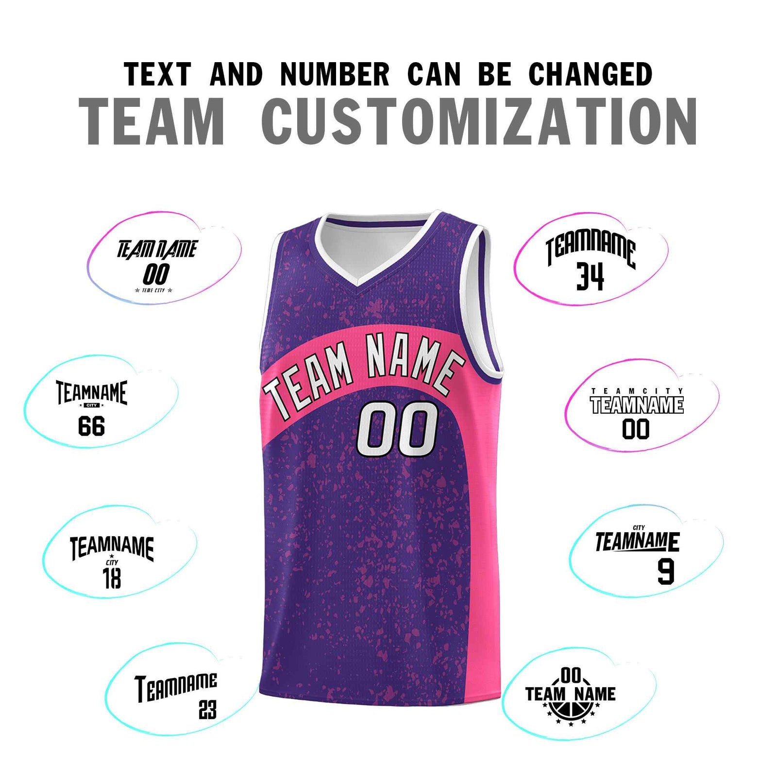 Custom Purple Pink Dot Graffiti Pattern Irregular Team Names Sports Uniform Basketball Jersey