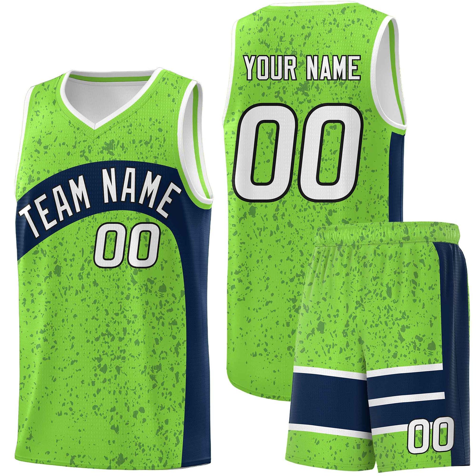 Custom Fluorescent Green Navy Dot Graffiti Pattern Irregular Team Names Sports Uniform Basketball Jersey| KXKSHOP